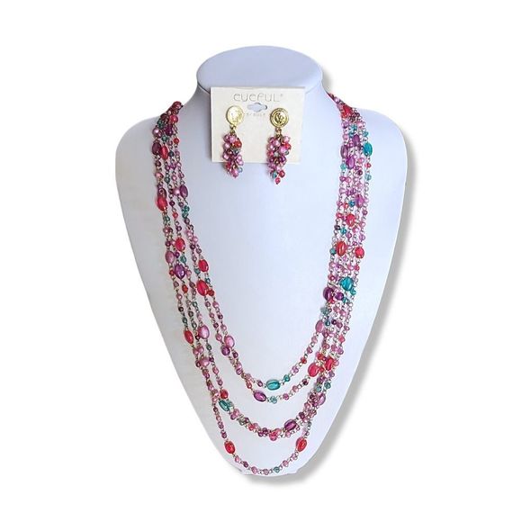 Vintage Resin Eyeful(tm) 5 strand bead, gold-tone wire & Earring Set 27" - Picture 1 of 7